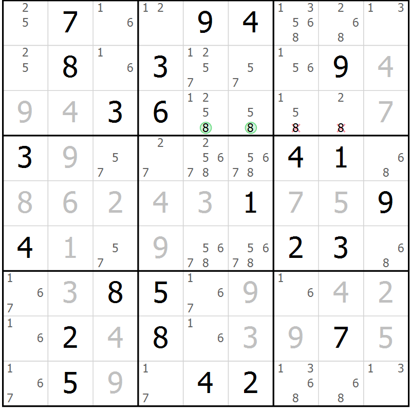 Position des candidats pour la solution de la Gr 61 page 64 du magazine de sudoku Giga sudoku niv 6-8 n° 032