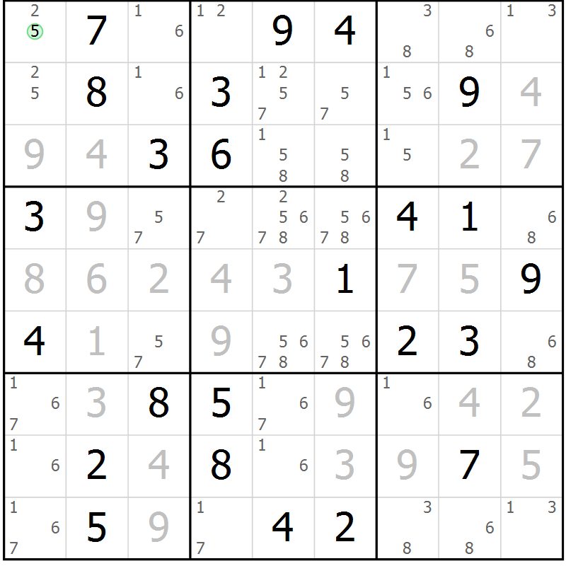 Position des candidats pour la solution de la Gr 61 page 64 du magazine de sudoku Giga sudoku niv 6-8 n° 032