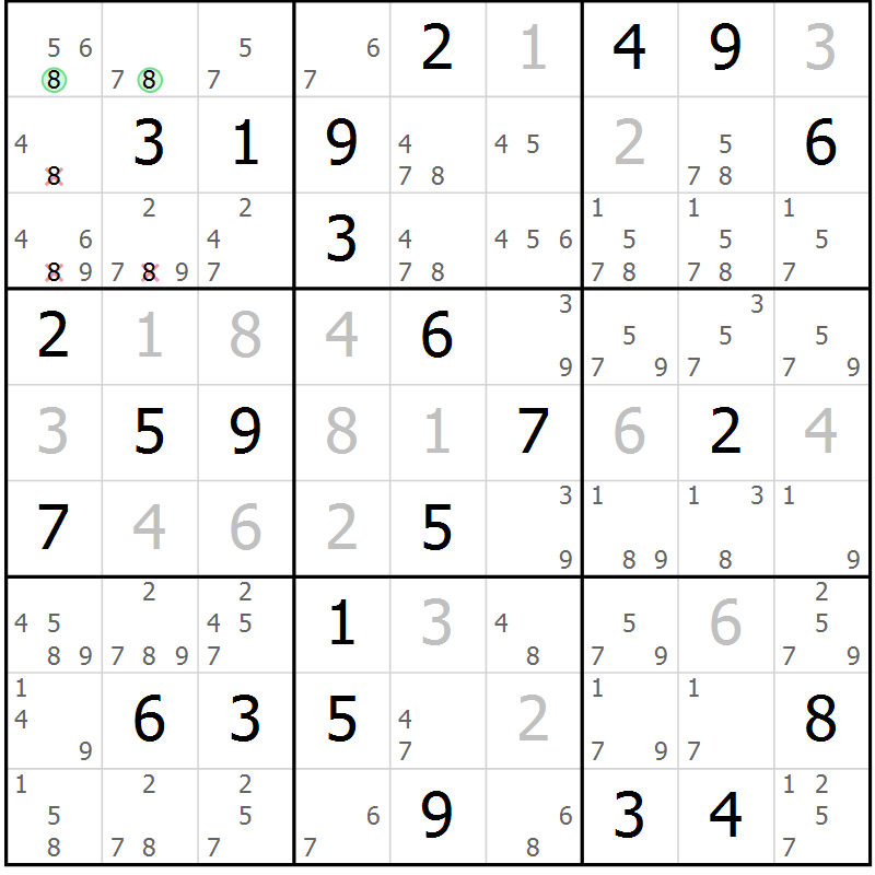 Position des candidats pour la solution de la Gr 62 page 65 du magazine de sudoku Giga sudoku niv 6-8 n° 032