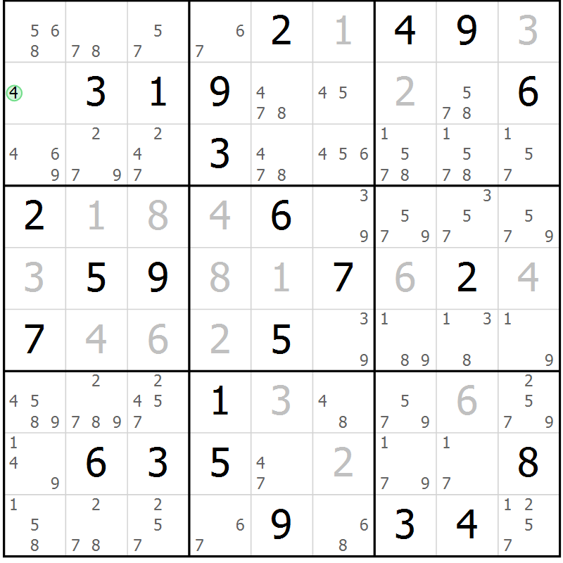 Position des candidats pour la solution de la Gr 62 page 65 du magazine de sudoku Giga sudoku niv 6-8 n° 032