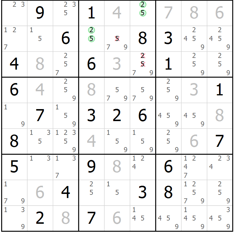 Position des candidats pour la solution de la Gr 64 page 67 du magazine de sudoku Giga sudoku niv 6-8 n° 032