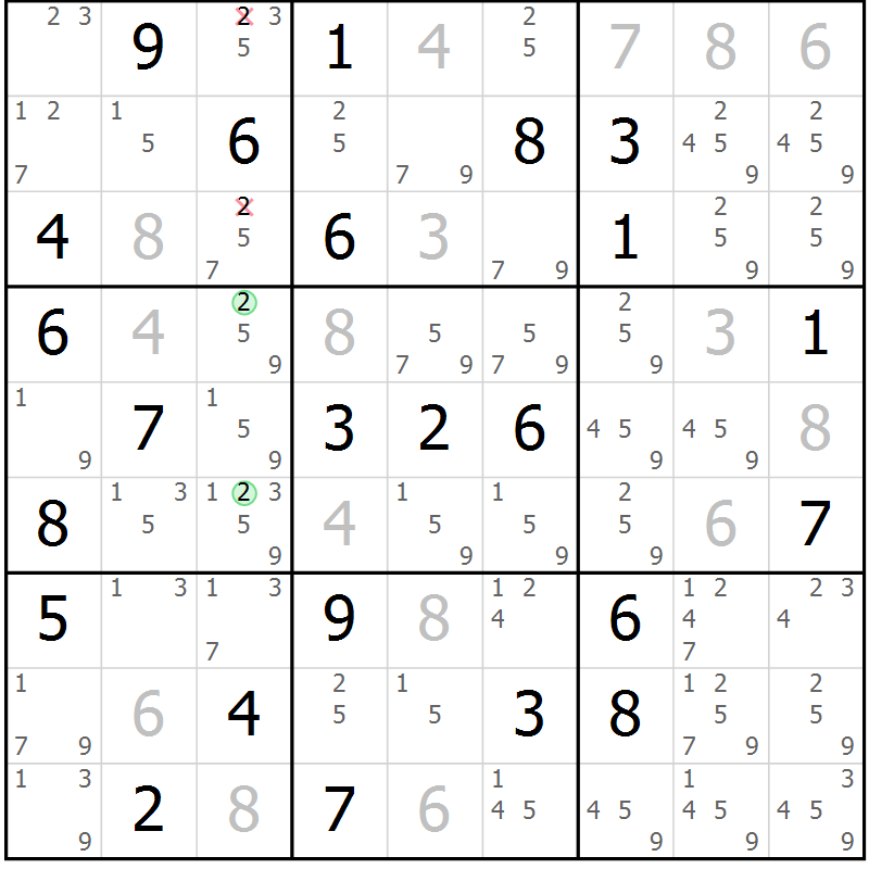 Position des candidats pour la solution de la Gr 64 page 67 du magazine de sudoku Giga sudoku niv 6-8 n° 032