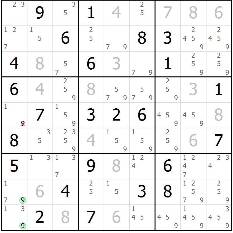 Position des candidats pour la solution de la Gr 64 page 67 du magazine de sudoku Giga sudoku niv 6-8 n° 032