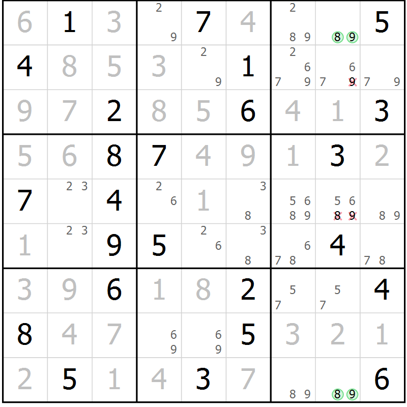Position des candidats pour la solution de la Gr 65 page 68 du magazine de sudoku Giga sudoku niv 6-8 n° 032