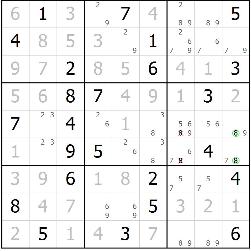 Position des candidats pour la solution de la Gr 65 page 68 du magazine de sudoku Giga sudoku niv 6-8 n° 032