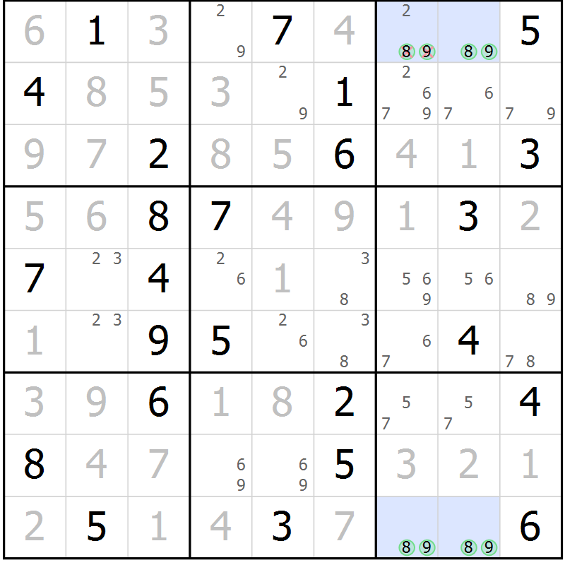 Position des candidats pour la solution de la Gr 65 page 68 du magazine de sudoku Giga sudoku niv 6-8 n° 032