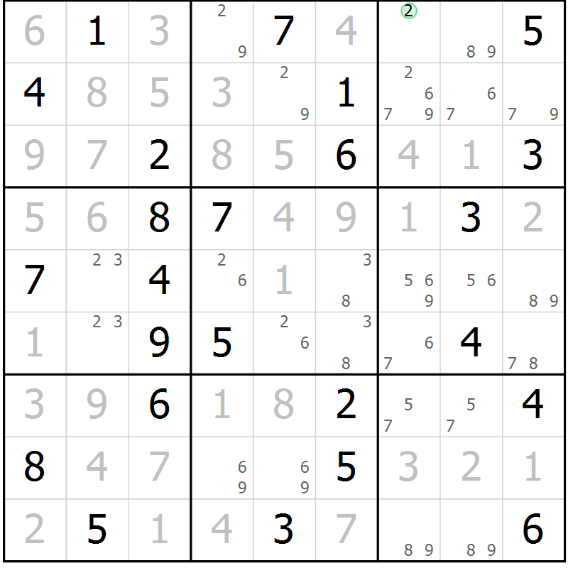 Position des candidats pour la solution de la Gr 65 page 68 du magazine de sudoku Giga sudoku niv 6-8 n° 032