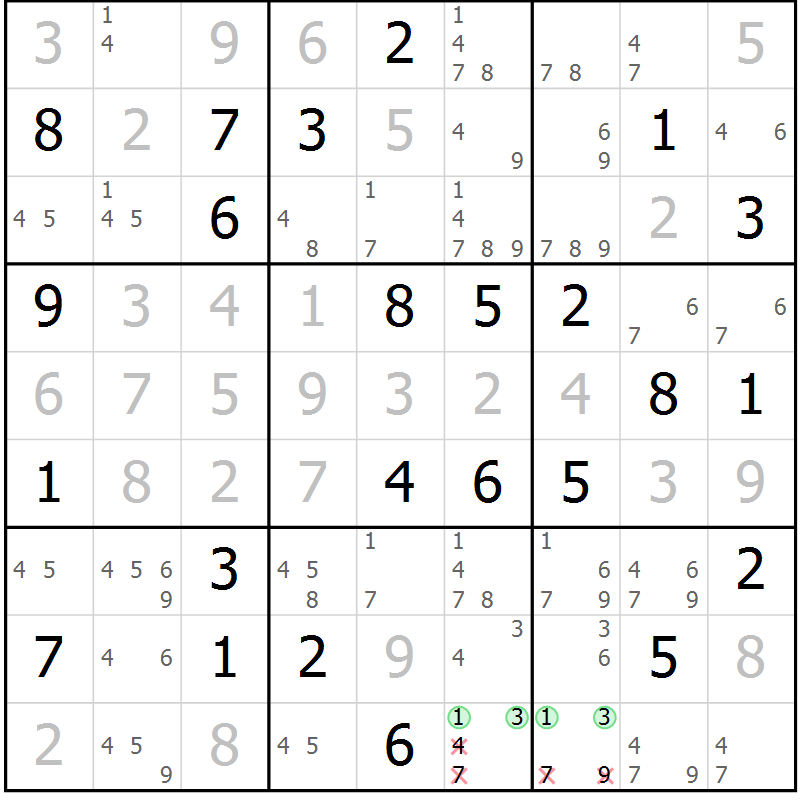 Position des candidats pour la solution de la Gr 66 page 69 du magazine de sudoku Giga sudoku niv 6-8 n° 032
