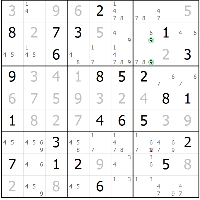 Position des candidats pour la solution de la Gr 66 page 69 du magazine de sudoku Giga sudoku niv 6-8 n° 032