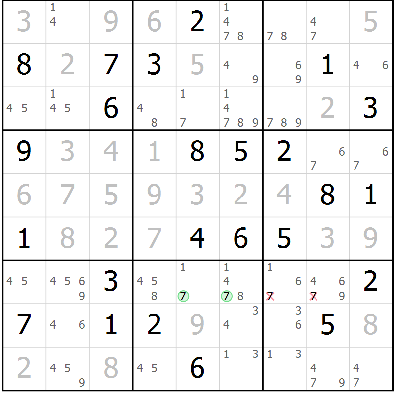 Position des candidats pour la solution de la Gr 66 page 69 du magazine de sudoku Giga sudoku niv 6-8 n° 032
