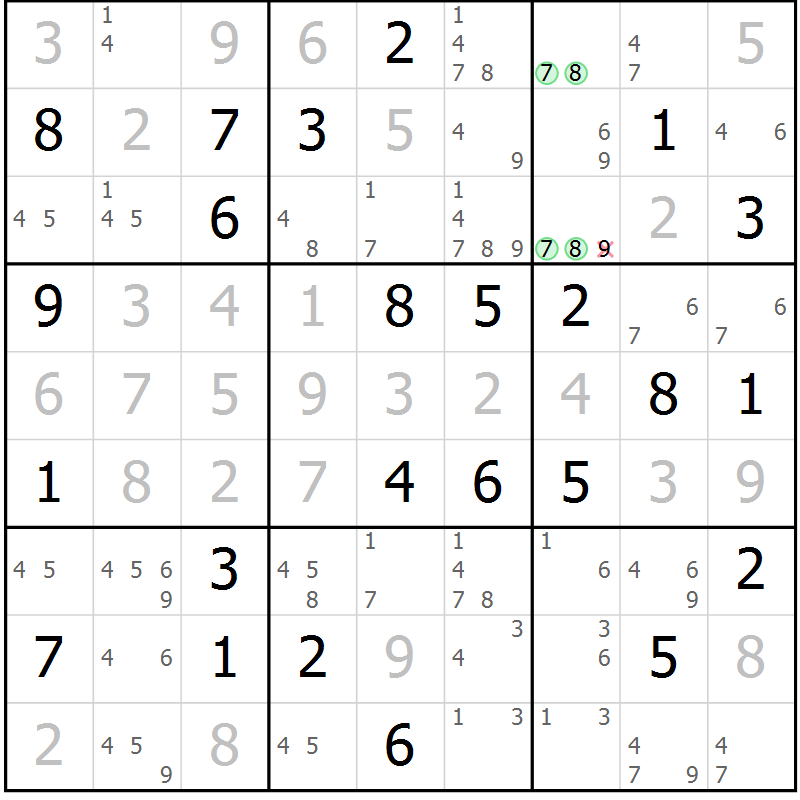 Position des candidats pour la solution de la Gr 66 page 69 du magazine de sudoku Giga sudoku niv 6-8 n° 032