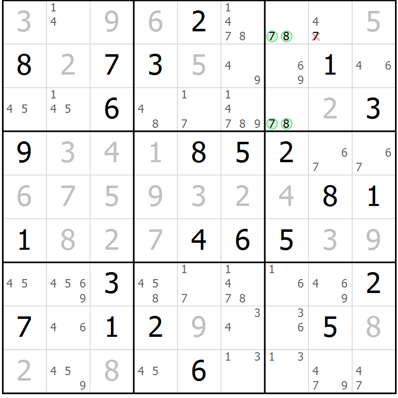 Position des candidats pour la solution de la Gr 66 page 69 du magazine de sudoku Giga sudoku niv 6-8 n° 032