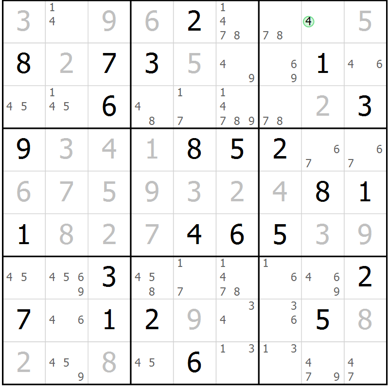 Position des candidats pour la solution de la Gr 66 page 69 du magazine de sudoku Giga sudoku niv 6-8 n° 032