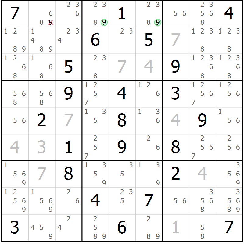Position des candidats pour la solution de la Gr 67 page 70 du magazine de sudoku Giga sudoku niv 6-8 n° 032