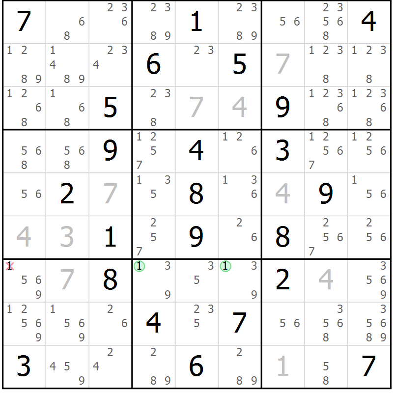 Position des candidats pour la solution de la Gr 67 page 70 du magazine de sudoku Giga sudoku niv 6-8 n° 032