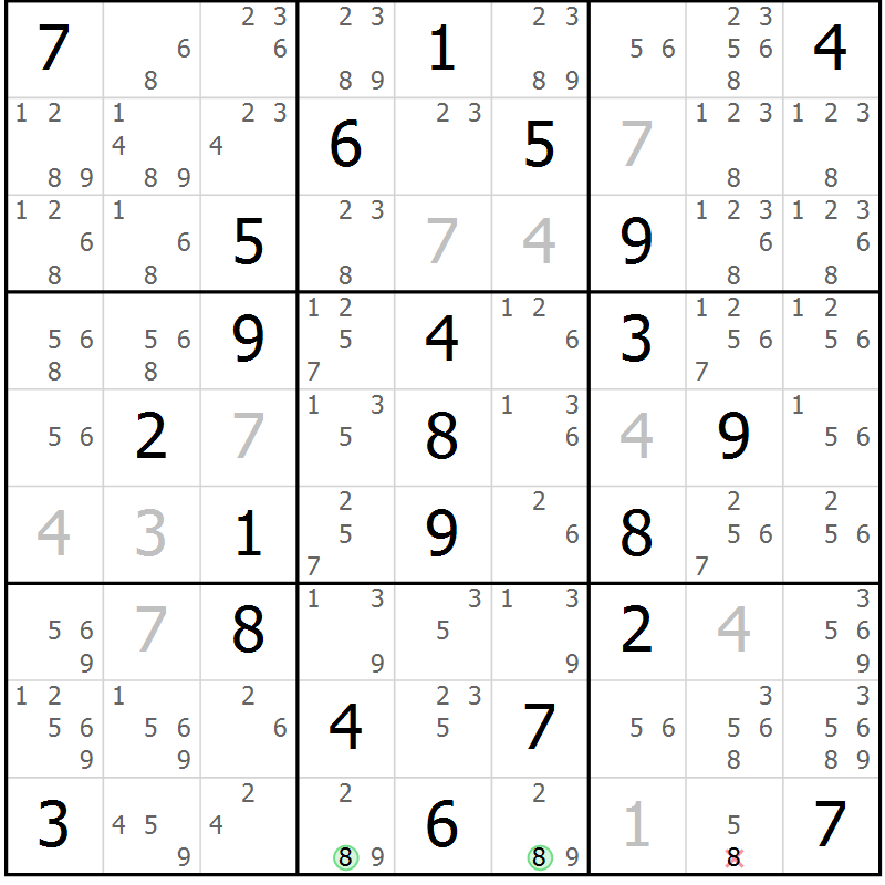 Position des candidats pour la solution de la Gr 67 page 70 du magazine de sudoku Giga sudoku niv 6-8 n° 032