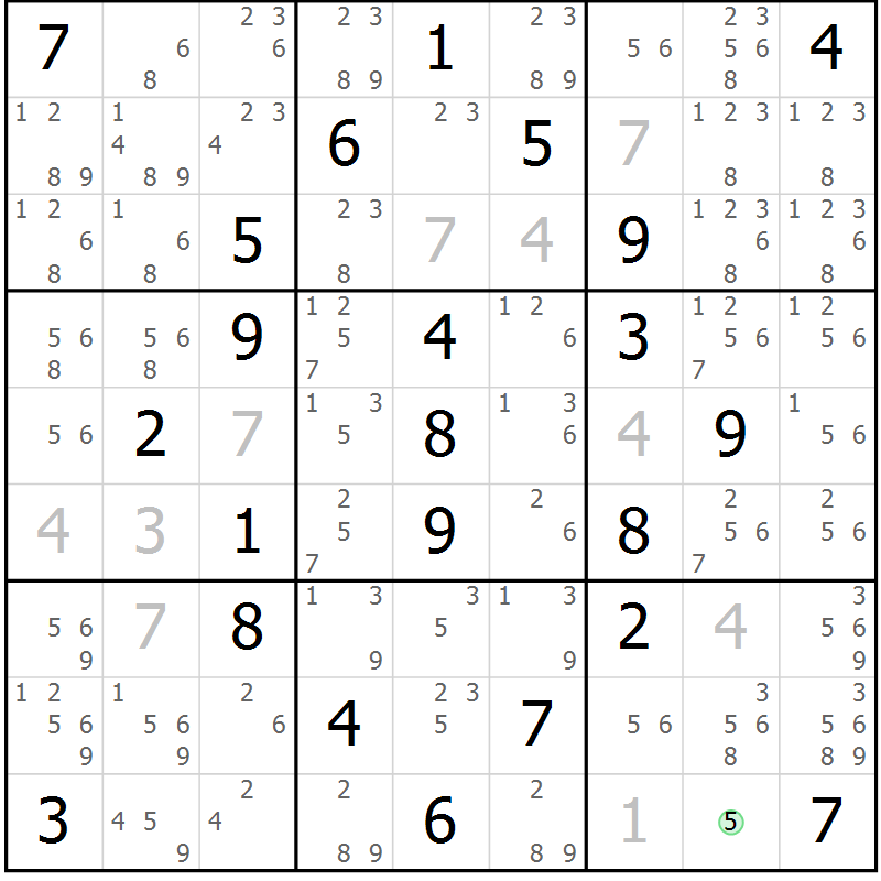 Position des candidats pour la solution de la Gr 67 page 70 du magazine de sudoku Giga sudoku niv 6-8 n° 032