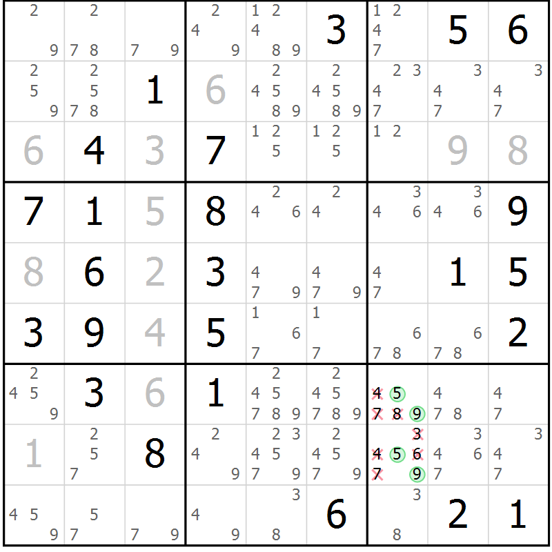 Position des candidats pour la solution de la Gr 69 page 72 du magazine de sudoku Giga sudoku niv 6-8 n° 032