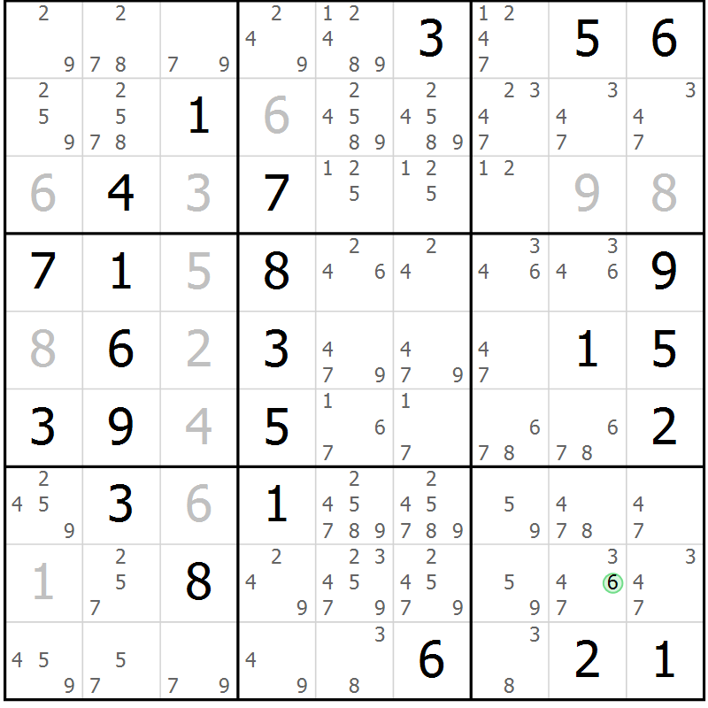 Position des candidats pour la solution de la Gr 69 page 72 du magazine de sudoku Giga sudoku niv 6-8 n° 032