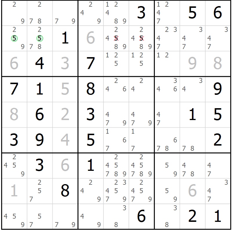 Position des candidats pour la solution de la Gr 69 page 72 du magazine de sudoku Giga sudoku niv 6-8 n° 032