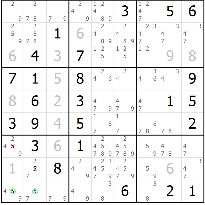 Position des candidats pour la solution de la Gr 69 page 72 du magazine de sudoku Giga sudoku niv 6-8 n° 032