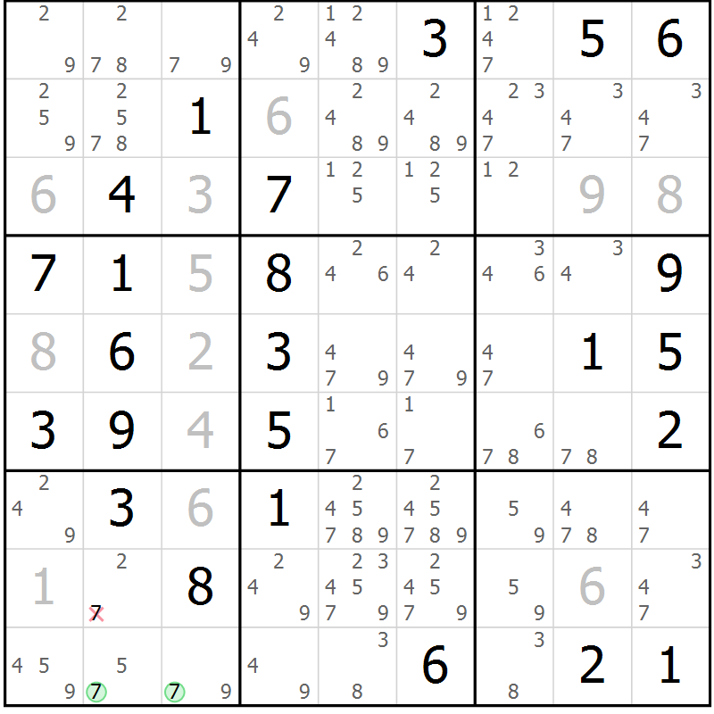 Position des candidats pour la solution de la Gr 69 page 72 du magazine de sudoku Giga sudoku niv 6-8 n° 032