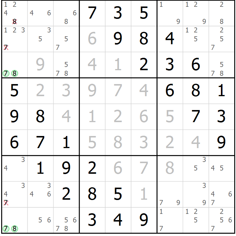 Position des candidats pour la solution de la Gr 7 page 10 du magazine de sudoku Giga sudoku niv 6-8 n° 032