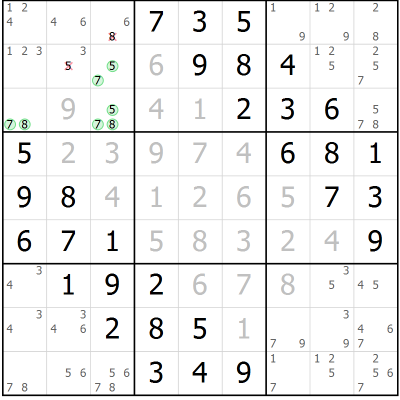 Position des candidats pour la solution de la Gr 7 page 10 du magazine de sudoku Giga sudoku niv 6-8 n° 032
