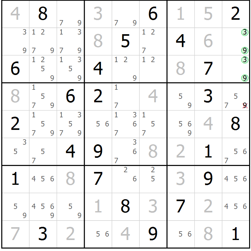 Position des candidats pour la solution de la Gr 70 page 73 du magazine de sudoku Giga sudoku niv 6-8 n° 032