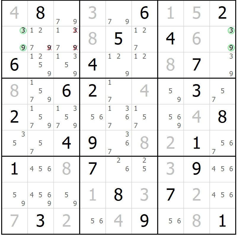 Position des candidats pour la solution de la Gr 70 page 73 du magazine de sudoku Giga sudoku niv 6-8 n° 032