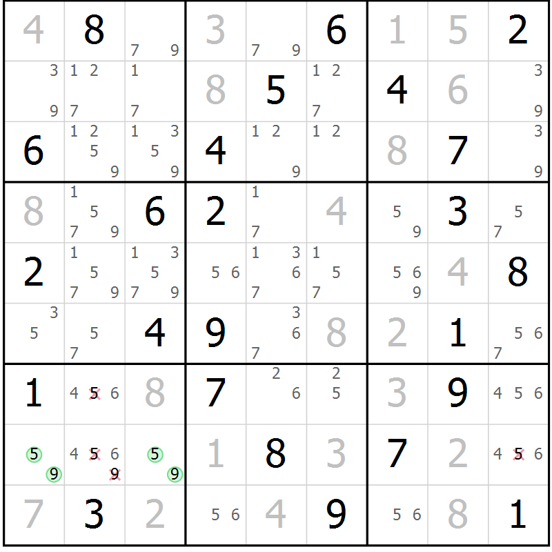 Position des candidats pour la solution de la Gr 70 page 73 du magazine de sudoku Giga sudoku niv 6-8 n° 032