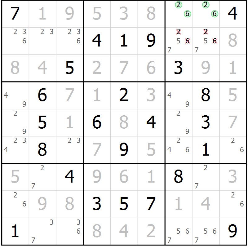 Position des candidats pour la solution de la Gr 73 page 76 du magazine de sudoku Giga sudoku niv 6-8 n° 032