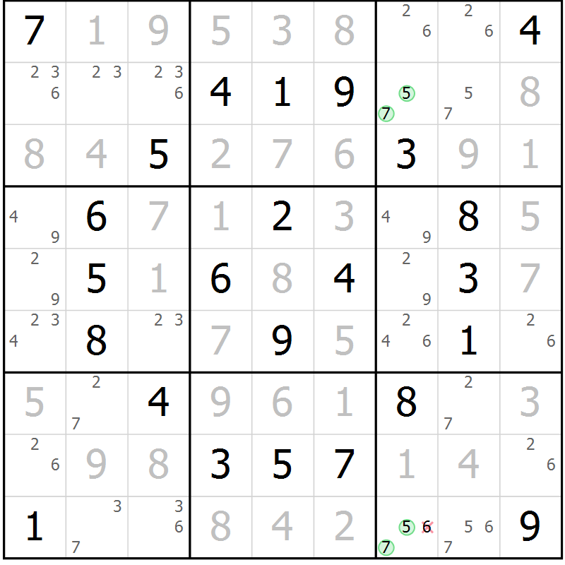Position des candidats pour la solution de la Gr 73 page 76 du magazine de sudoku Giga sudoku niv 6-8 n° 032
