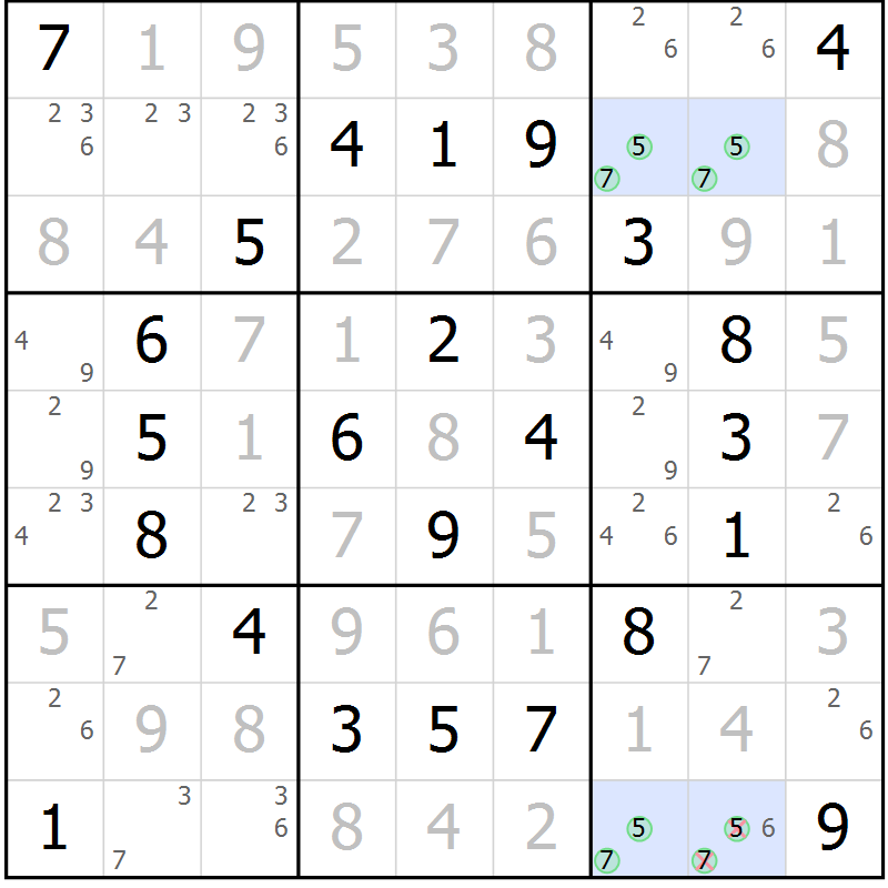Position des candidats pour la solution de la Gr 73 page 76 du magazine de sudoku Giga sudoku niv 6-8 n° 032