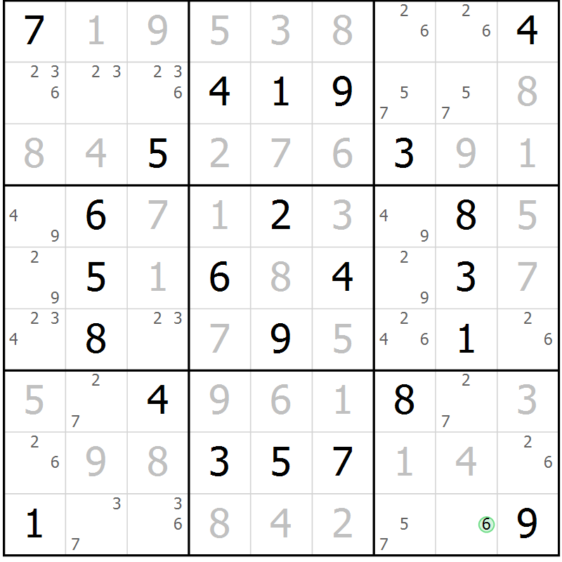 Position des candidats pour la solution de la Gr 73 page 76 du magazine de sudoku Giga sudoku niv 6-8 n° 032