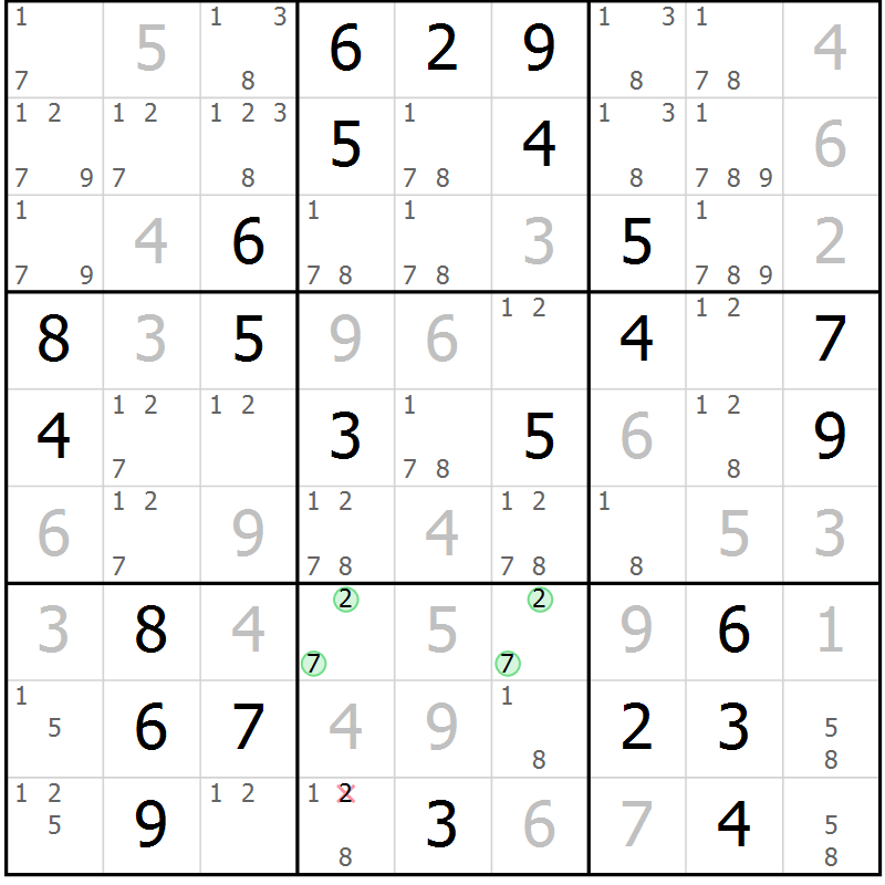 Position des candidats pour la solution de la Gr 74 page 77 du magazine de sudoku Giga sudoku niv 6-8 n° 032