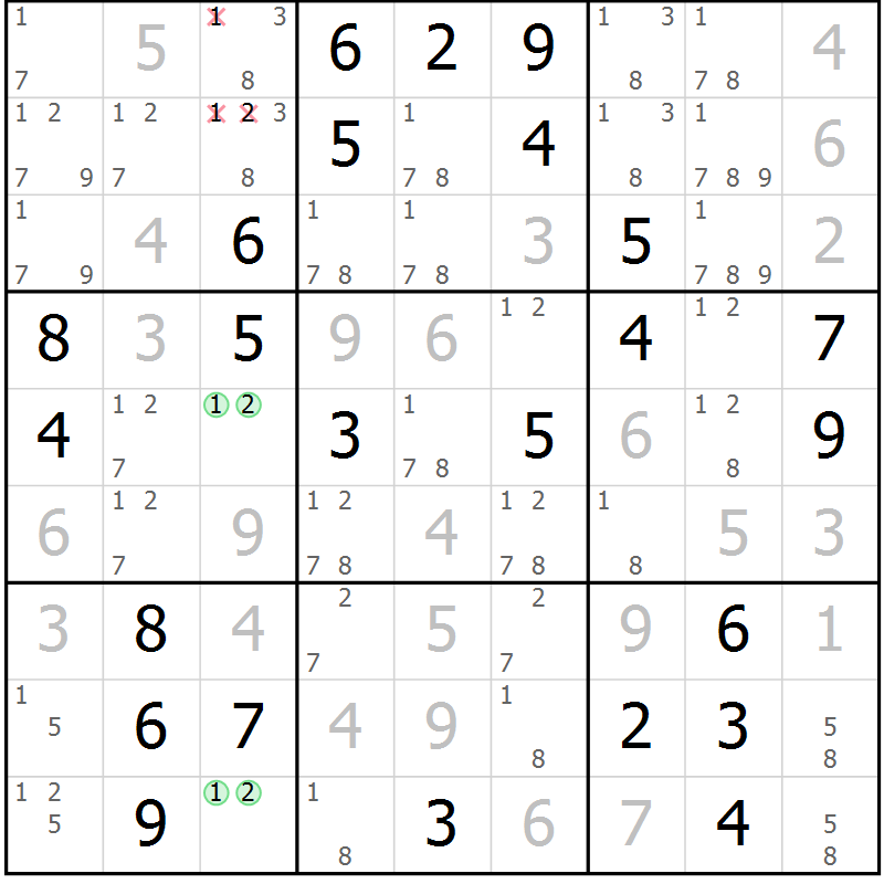 Position des candidats pour la solution de la Gr 74 page 77 du magazine de sudoku Giga sudoku niv 6-8 n° 032