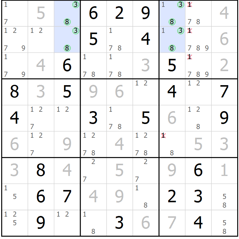 Position des candidats pour la solution de la Gr 74 page 77 du magazine de sudoku Giga sudoku niv 6-8 n° 032