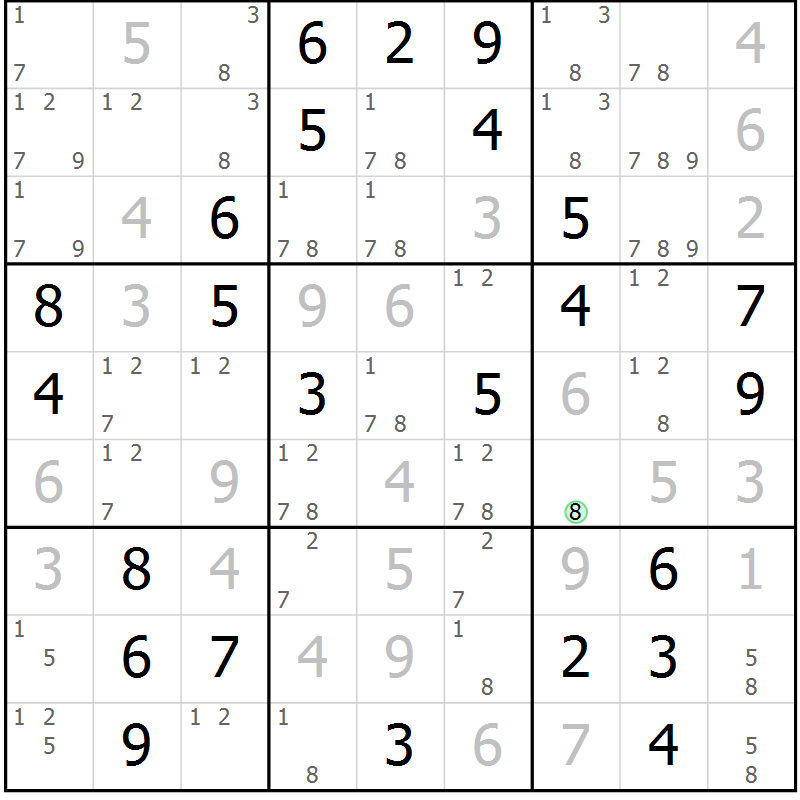 Position des candidats pour la solution de la Gr 74 page 77 du magazine de sudoku Giga sudoku niv 6-8 n° 032