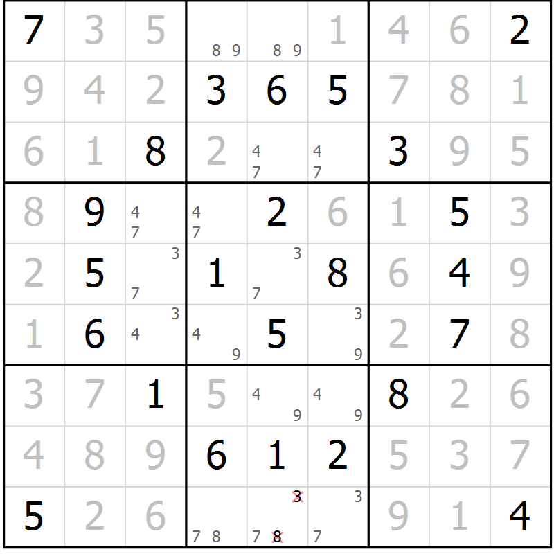 Position des candidats pour la solution de la Gr 75 page 78 du magazine de sudoku Giga sudoku niv 6-8 n° 032