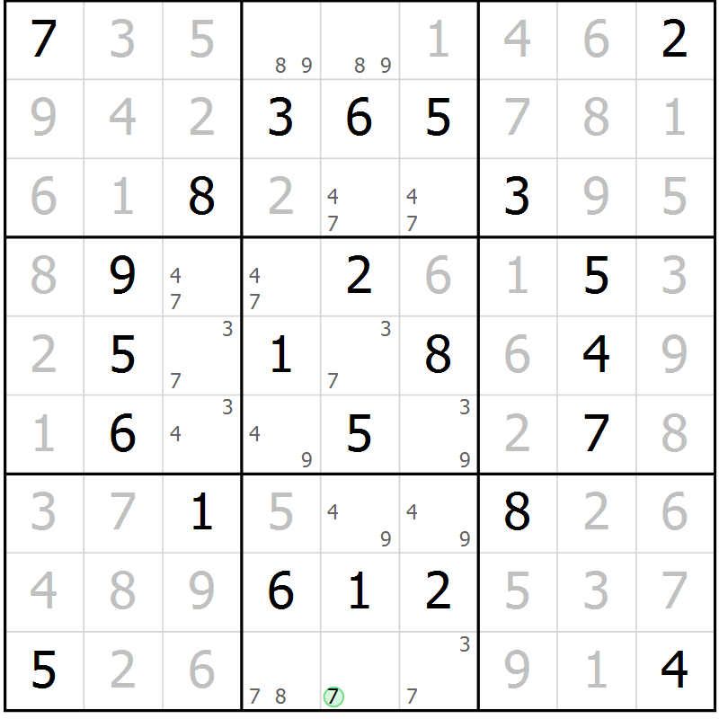 Position des candidats pour la solution de la Gr 75 page 78 du magazine de sudoku Giga sudoku niv 6-8 n° 032