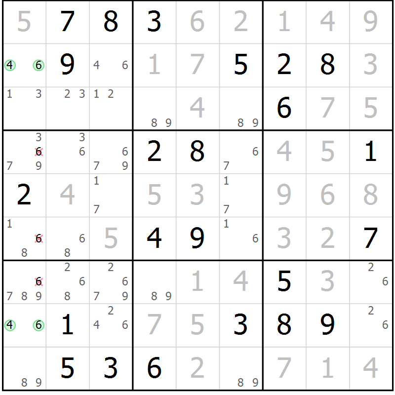 Position des candidats pour la solution de la Gr 76 page 79 du magazine de sudoku Giga sudoku niv 6-8 n° 032