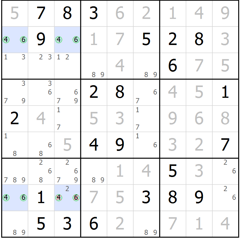 Position des candidats pour la solution de la Gr 76 page 79 du magazine de sudoku Giga sudoku niv 6-8 n° 032