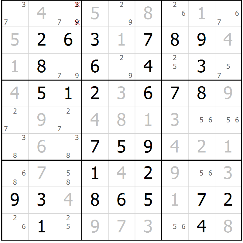 Position des candidats pour la solution de la Gr 77 page 80 du magazine de sudoku Giga sudoku niv 6-8 n° 032