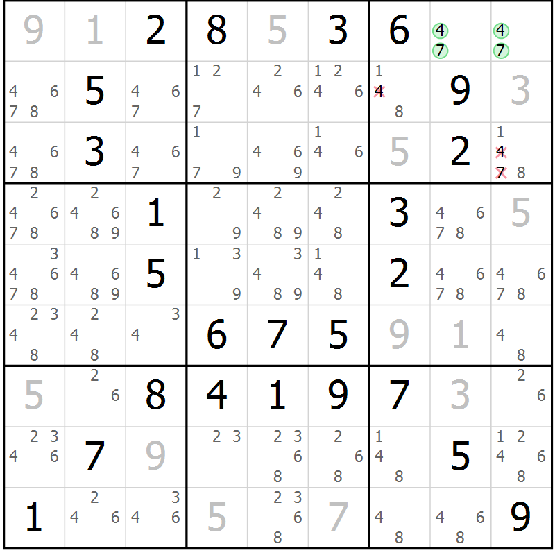 Position des candidats pour la solution de la Gr 79 page 82 du magazine de sudoku Giga sudoku niv 6-8 n° 032