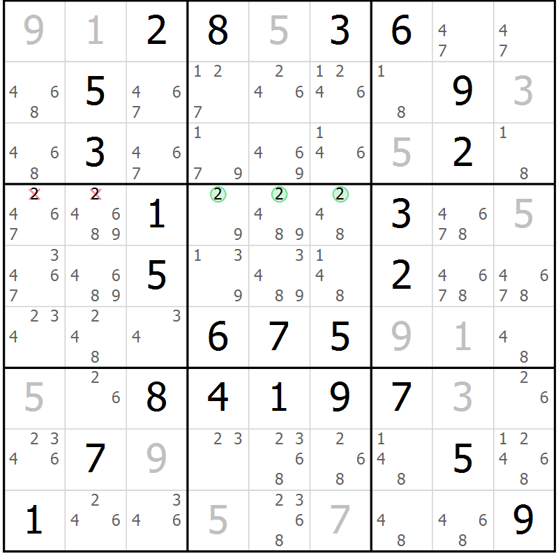 Position des candidats pour la solution de la Gr 79 page 82 du magazine de sudoku Giga sudoku niv 6-8 n° 032