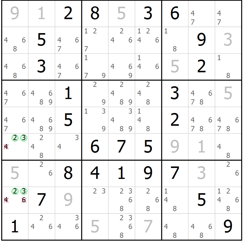 Position des candidats pour la solution de la Gr 79 page 82 du magazine de sudoku Giga sudoku niv 6-8 n° 032