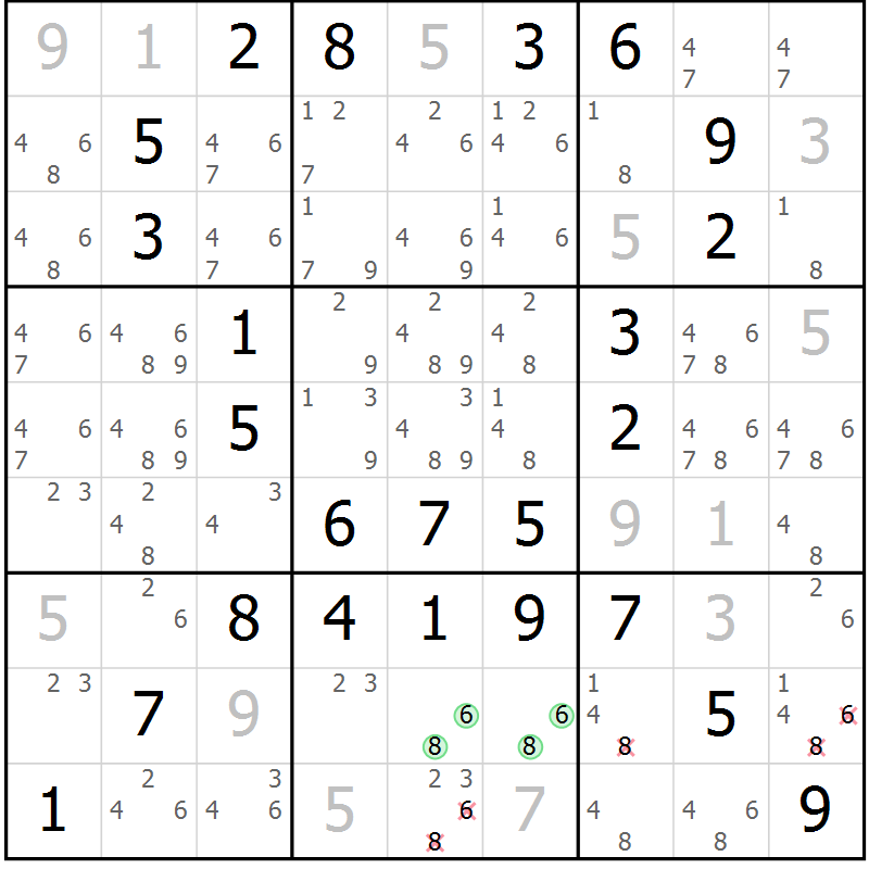 Position des candidats pour la solution de la Gr 79 page 82 du magazine de sudoku Giga sudoku niv 6-8 n° 032