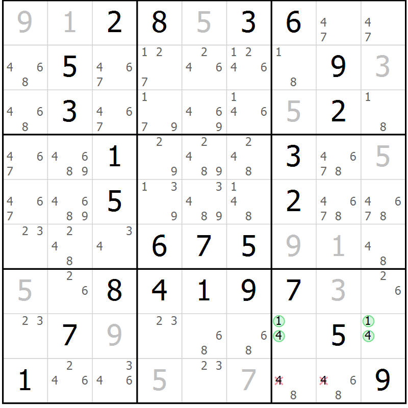 Position des candidats pour la solution de la Gr 79 page 82 du magazine de sudoku Giga sudoku niv 6-8 n° 032
