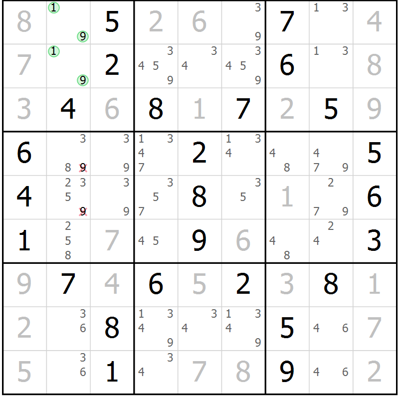 Position des candidats pour la solution de la Gr 8 page 11 du magazine de sudoku Giga sudoku niv 6-8 n° 032